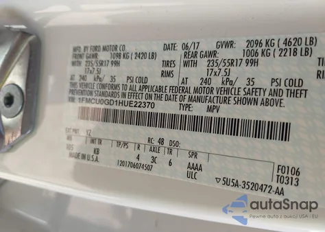 2017 Ford Escape Se z USA, uszkodzony, nr VIN 1FMCU0GD1HUE22370